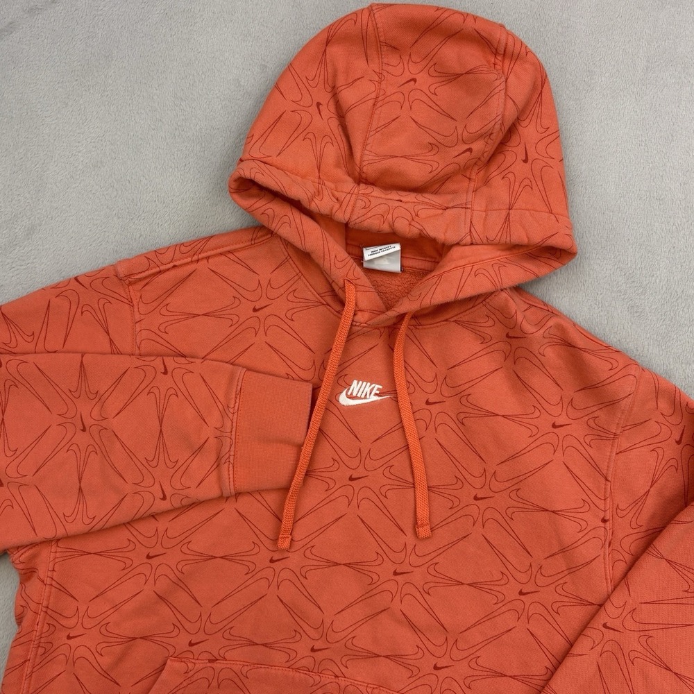 Nike Hoodie Mens Large Orange AOP Swoosh Hooded Sweatshirt Geometric Athletic